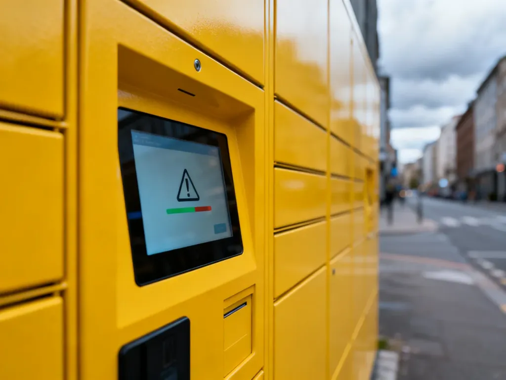 Ekran paczkomatu InPost z widocznym błędem ładowania systemu, sygnalizujący awarię urządzenia.