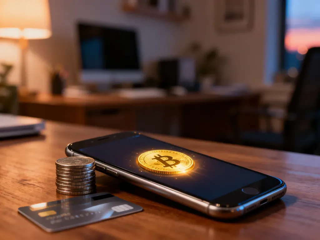 Smartfon z ikoną złotej monety na ekranie, karta płatnicza i monety na drewnianym stole, symbolizujące działanie cashbacku.