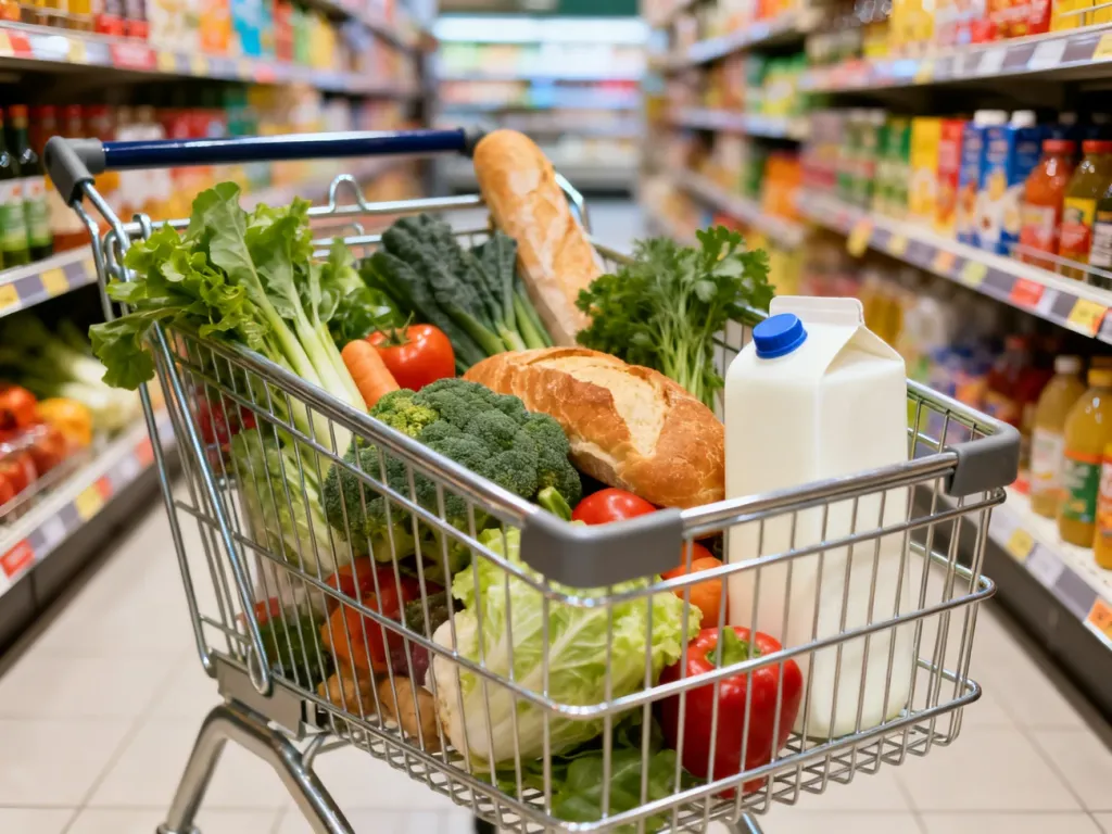 Wózek sklepowy wypełniony świeżymi produktami spożywczymi na tle półek w supermarkecie.