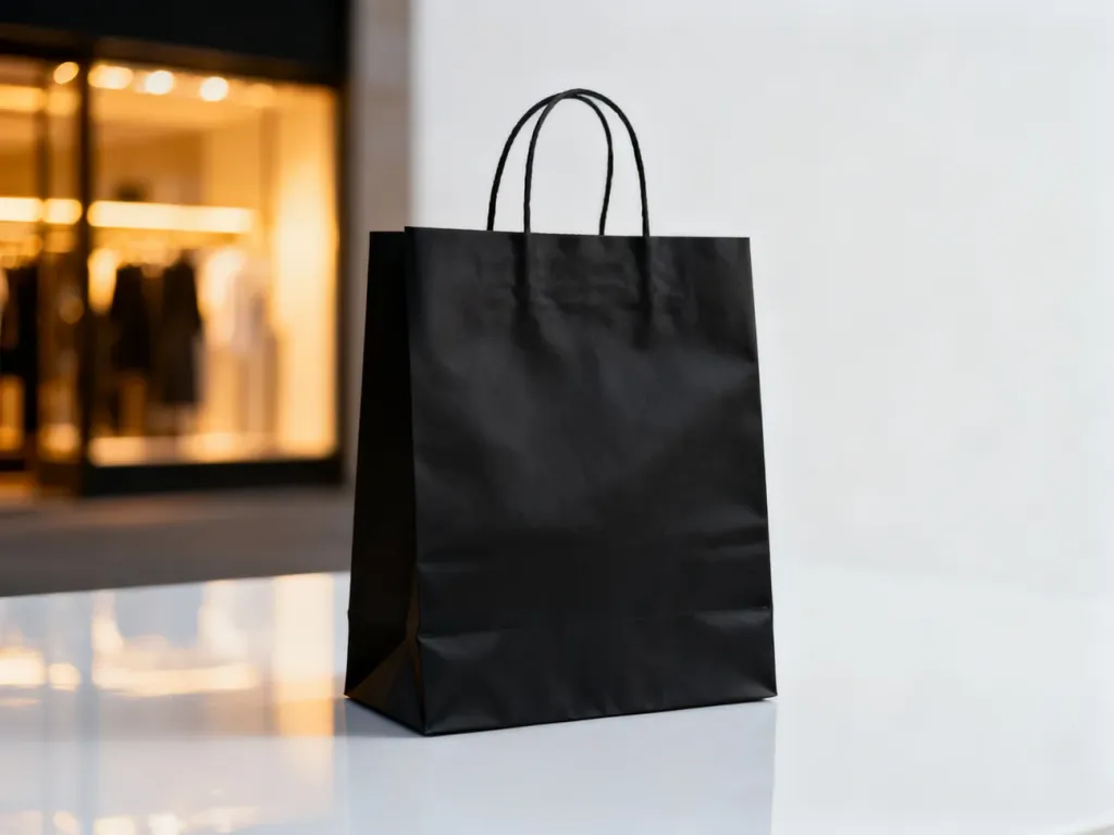 Elegancka czarna torba zakupowa na białym tle, symbolizująca zakupy podczas wyprzedaży Black Friday.