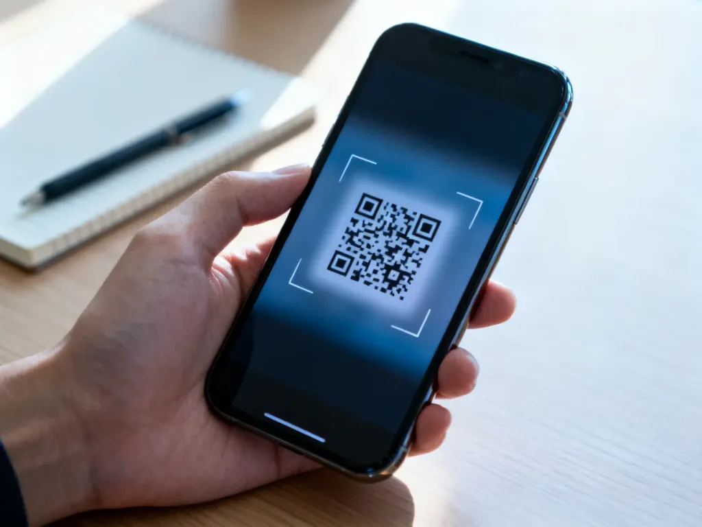 Smartfon skanujący kod QR na minimalistycznym biurku z notatnikiem.