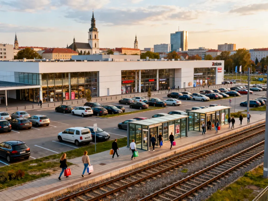 Nowoczesne centrum handlowe w Poznaniu z dużym parkingiem, torami tramwajowymi i panoramą miasta w tle, no text on the picture