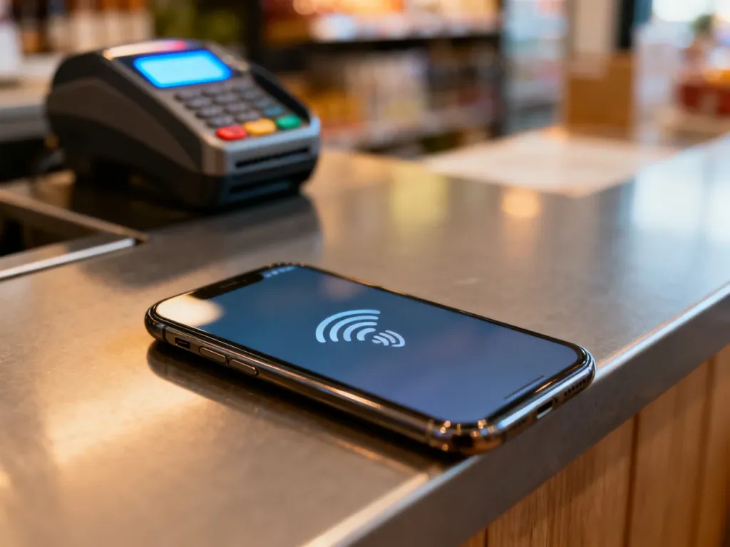 Nowoczesny smartfon z ikoną płatności zbliżeniowych przy terminalu płatniczym w sklepie.